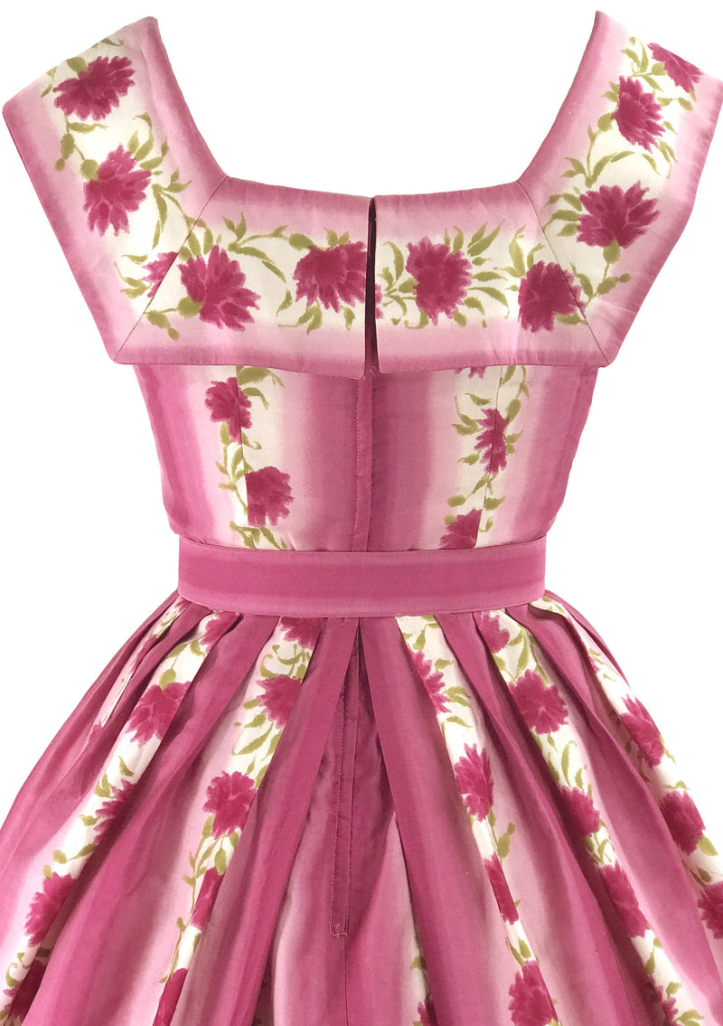 Vintage 1950s Pink Carnations & Stripes Cotton Dress - New!