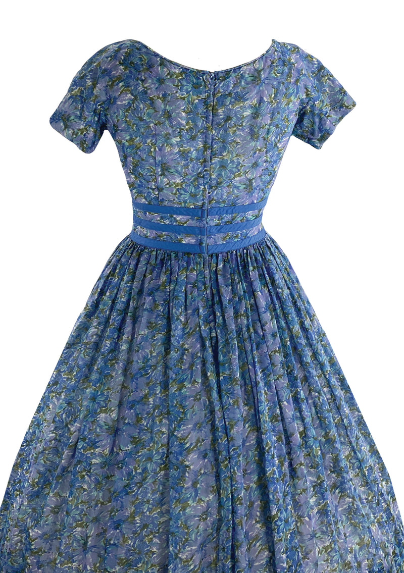 1950s Blue Floral Cotton Voile Dress - New!