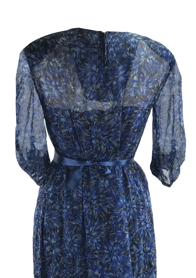 Vintage 1940s Blue Floral Chiffon Dress- New!