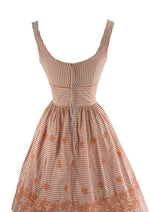 Vintage 1950s Embroidered Coral & White Stripes Dress- New!