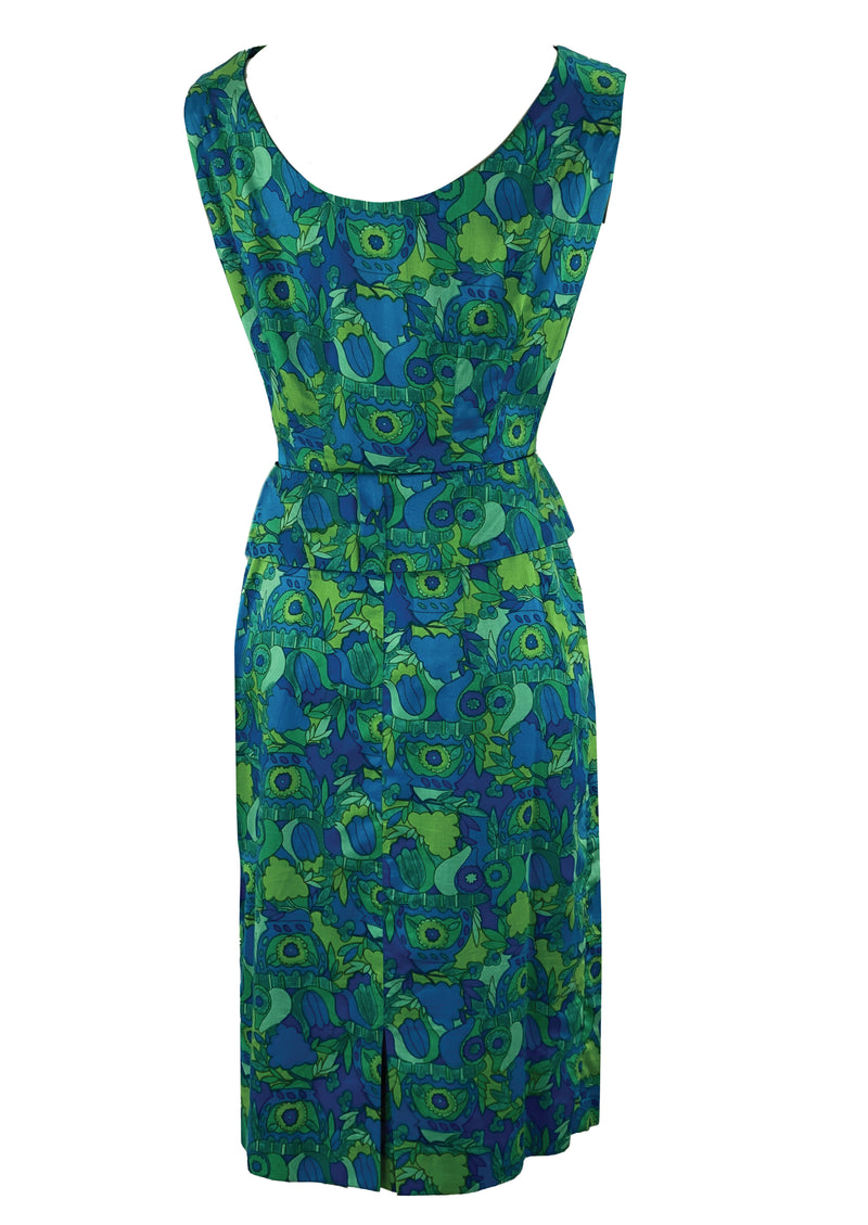 Early 1960s Blue and Green Abstract Print Silk Dress - NEW!