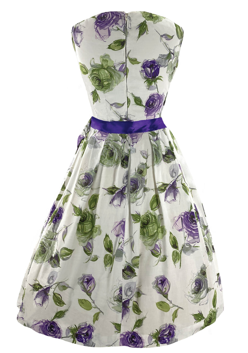 Beautiful Late 1950s to Early 1960s Lavender Roses Cotton Designer Dress- New!