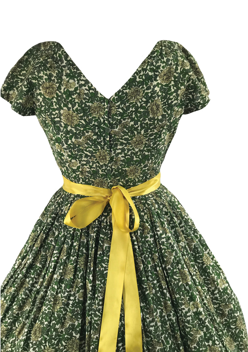 Vintage 1950s Green Floral Scrollwork Cotton Dress - New!