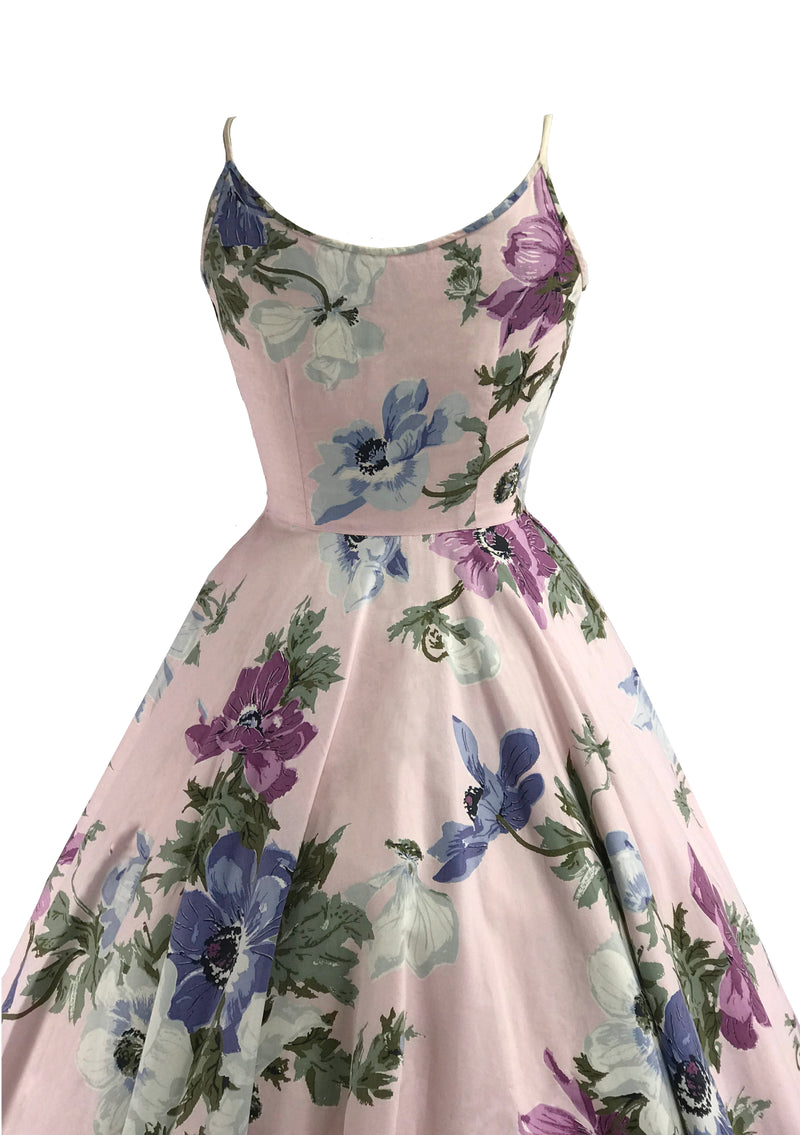 Vintage 1950s Pink Floral Polished Cotton Sundress- New!