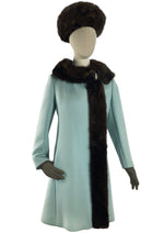 Vintage 1960s Duck Egg Blue Wool Coat with Mink Trim - New!