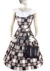 Early 1960s Chocolate & White Checkerboard Print Dress- New!