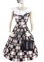 Early 1960s Chocolate & White Checkerboard Print Dress- New!