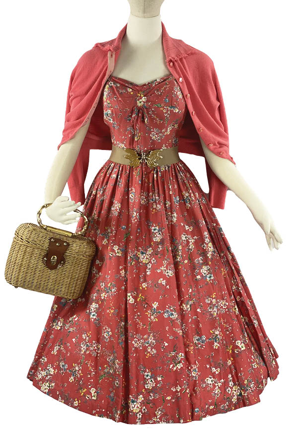 Vintage 1950s Watermelon Pink Floral Cotton Dress- New!
