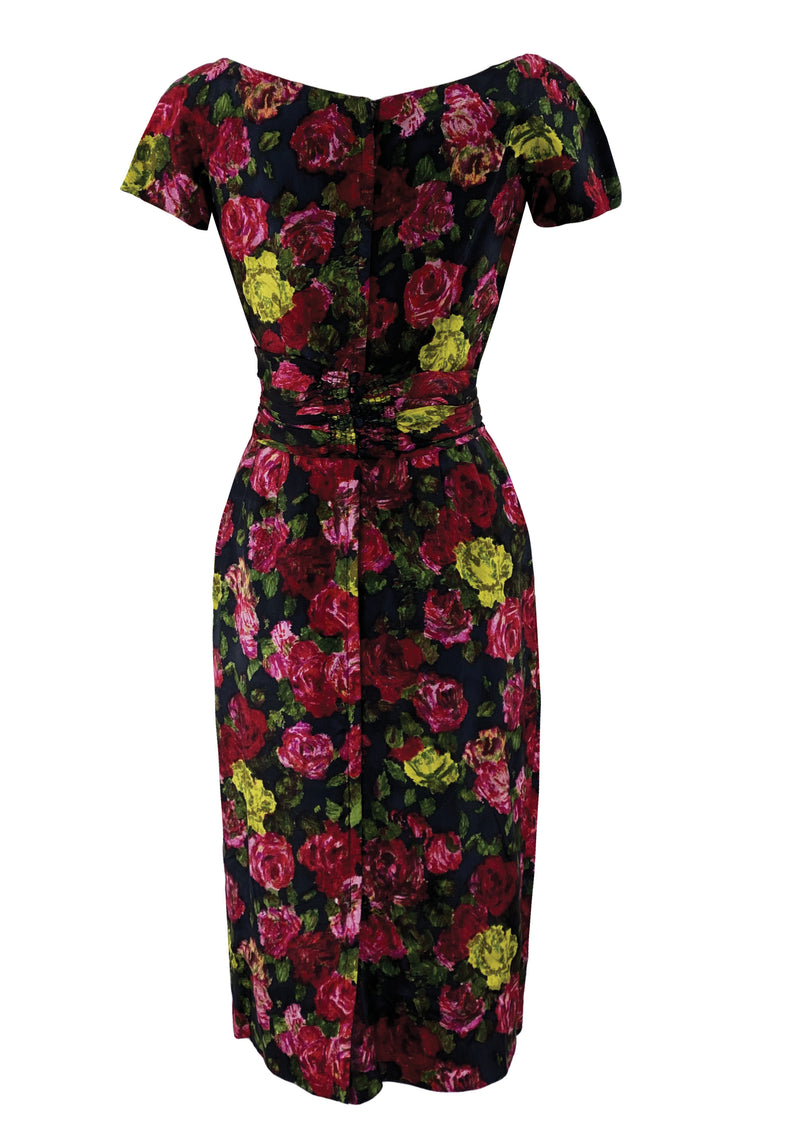 Vintage 1950s Roses Print Silk Wiggle Dress - NEW!