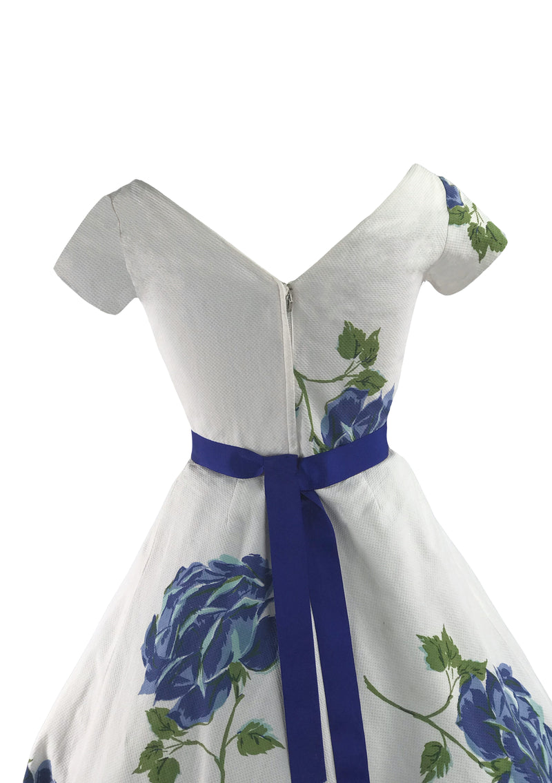 1950s Huge Blue Long Stem Roses Pique Dress - New!