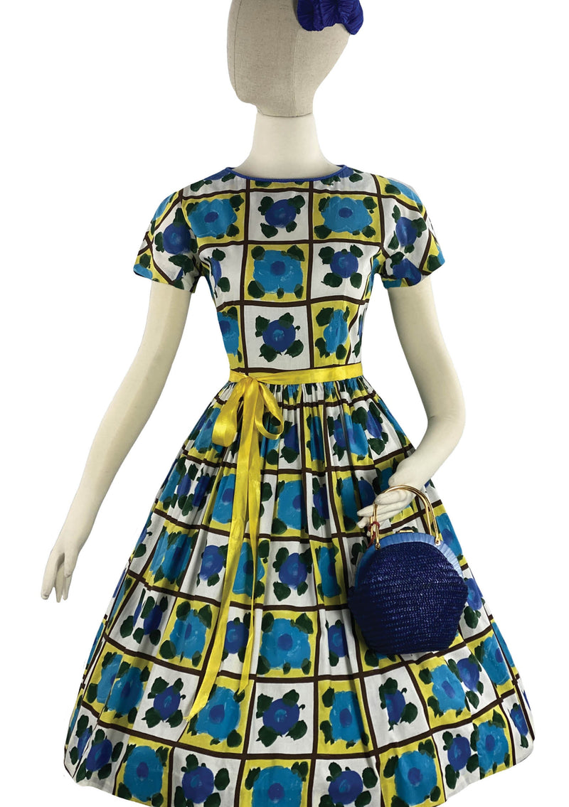 Late 1950s Early 1960s Blue and Yellow Floral Dress- New!