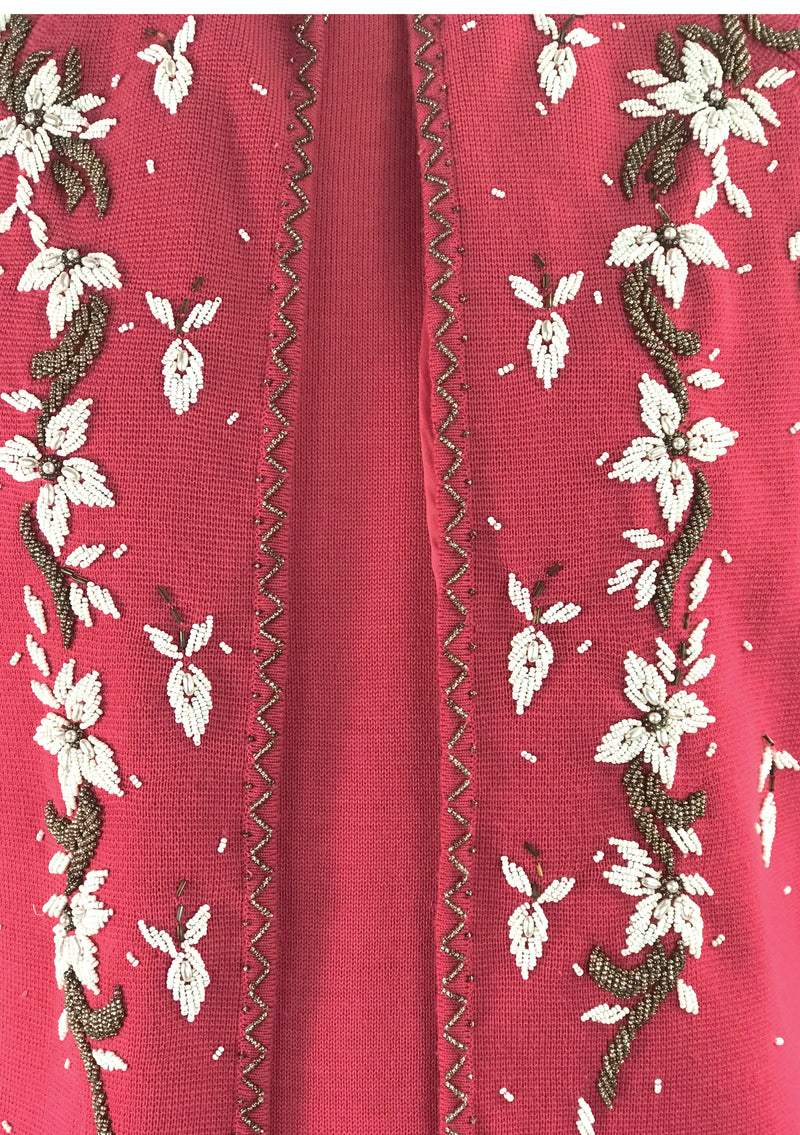 Vintage 1960's Beaded Rouge Pink Wool Knit Suit- New!