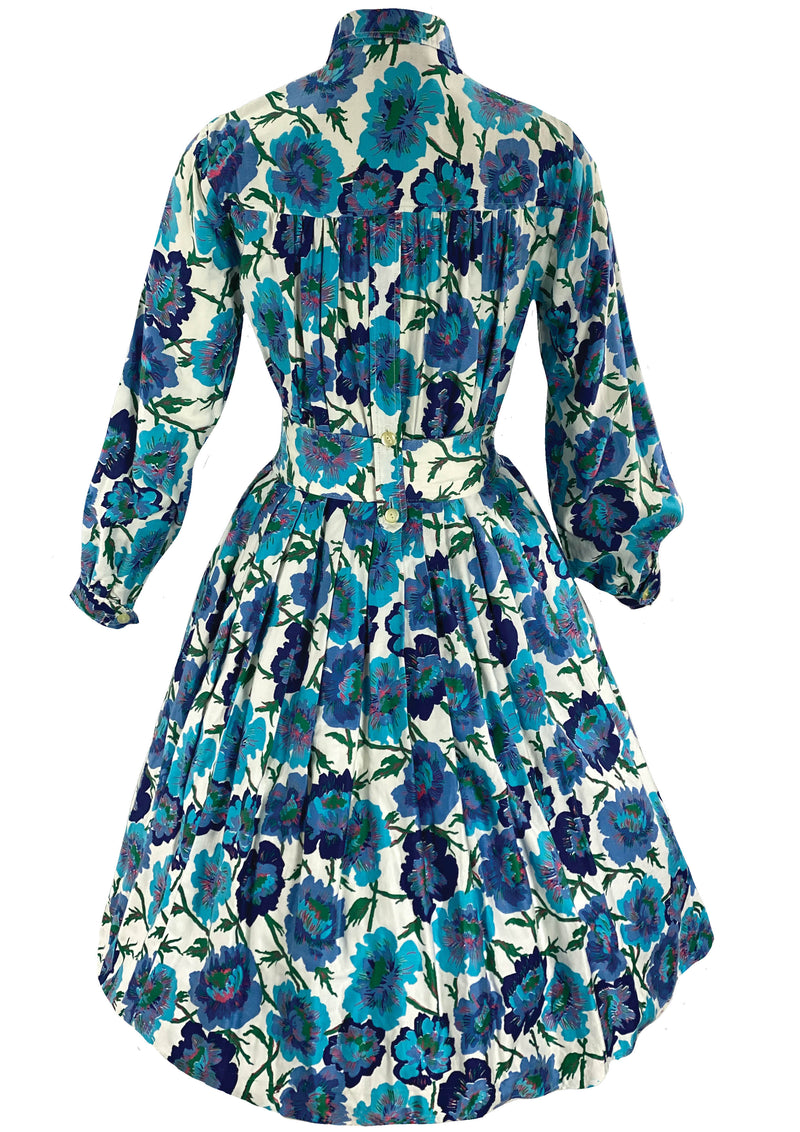 Late 1950s to Early 1960s Blue Floral Cotton Dress- New!