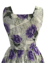 Vintage 1950s Purple Roses and Lace Print Dress - New!