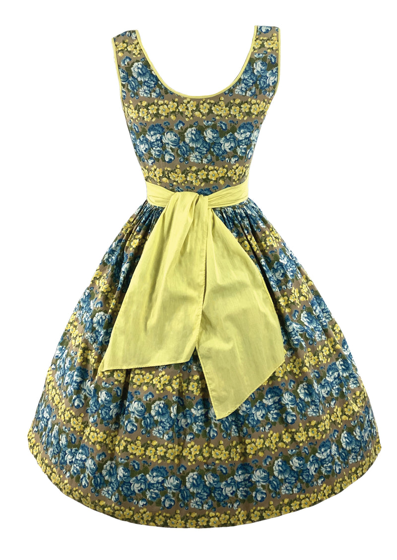 Late 1950s Blue and Yellow Floral Striped Dress- New!
