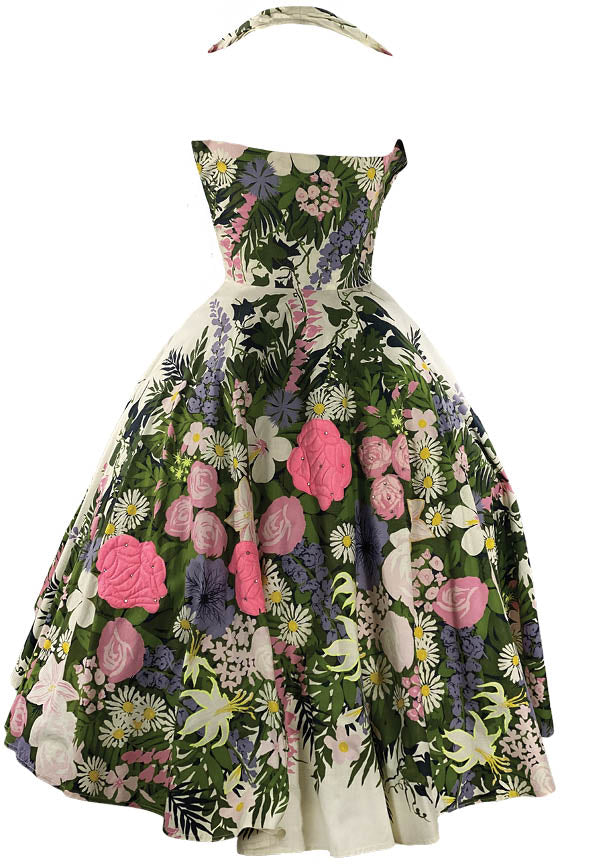 Vintage 1950s Floral Garden Halter Cotton Dress- New!