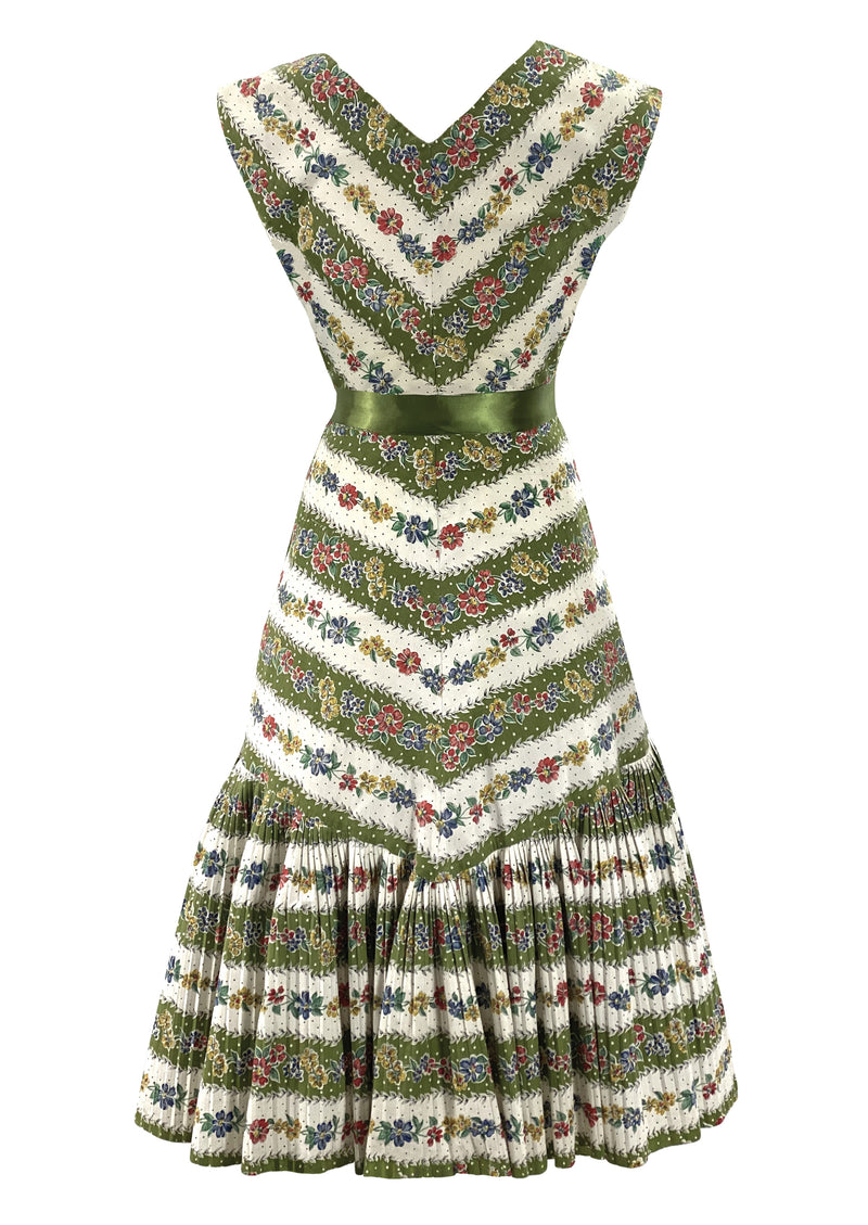 Vintage 1950s Green and White Floral Chevon Stripe Dress- New!