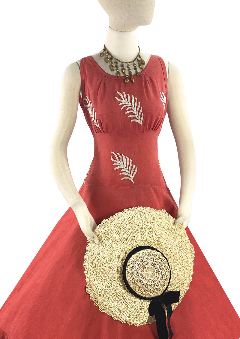 Vintage 1950s Coral Pink Linen Designer Dress - New!