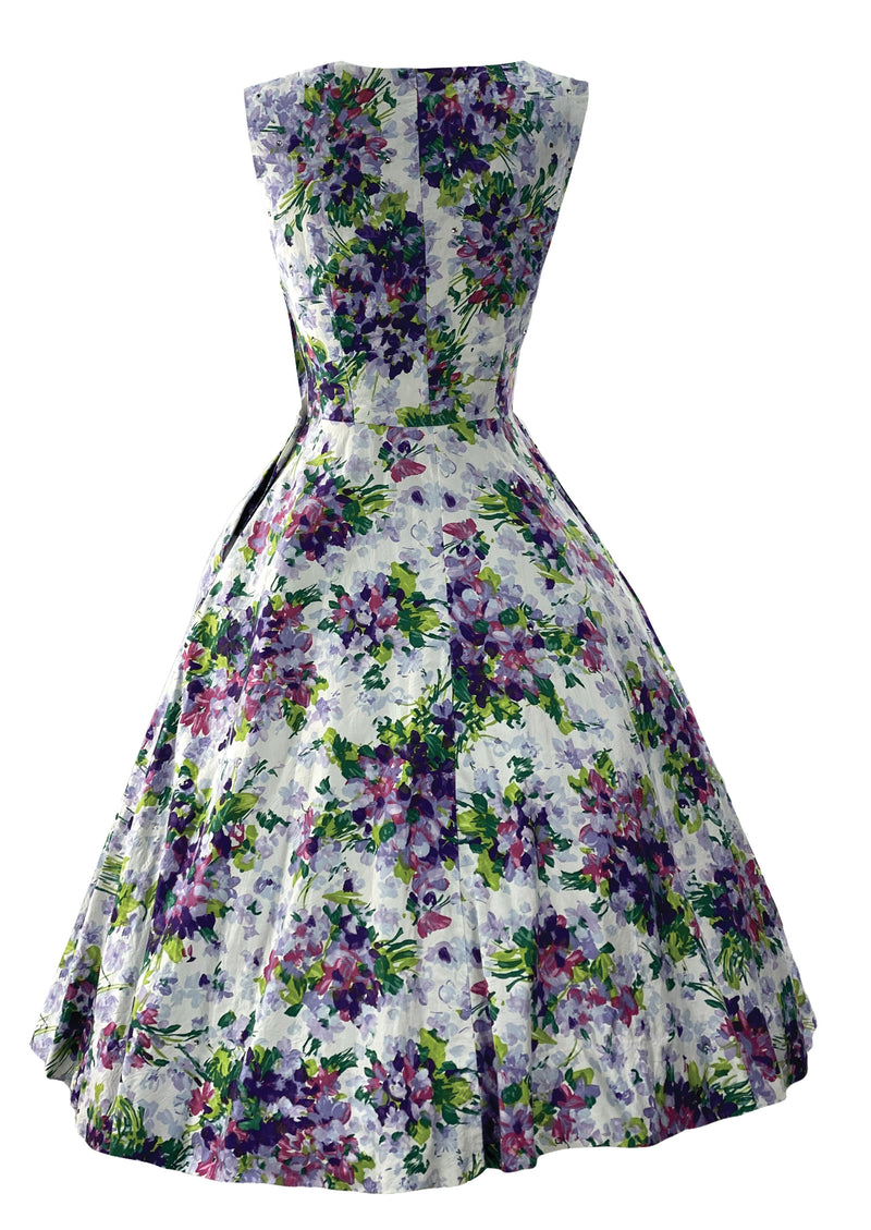 Stunning 1950s Violet Sprays Cotton Designer Dress with Rhinestones - New!