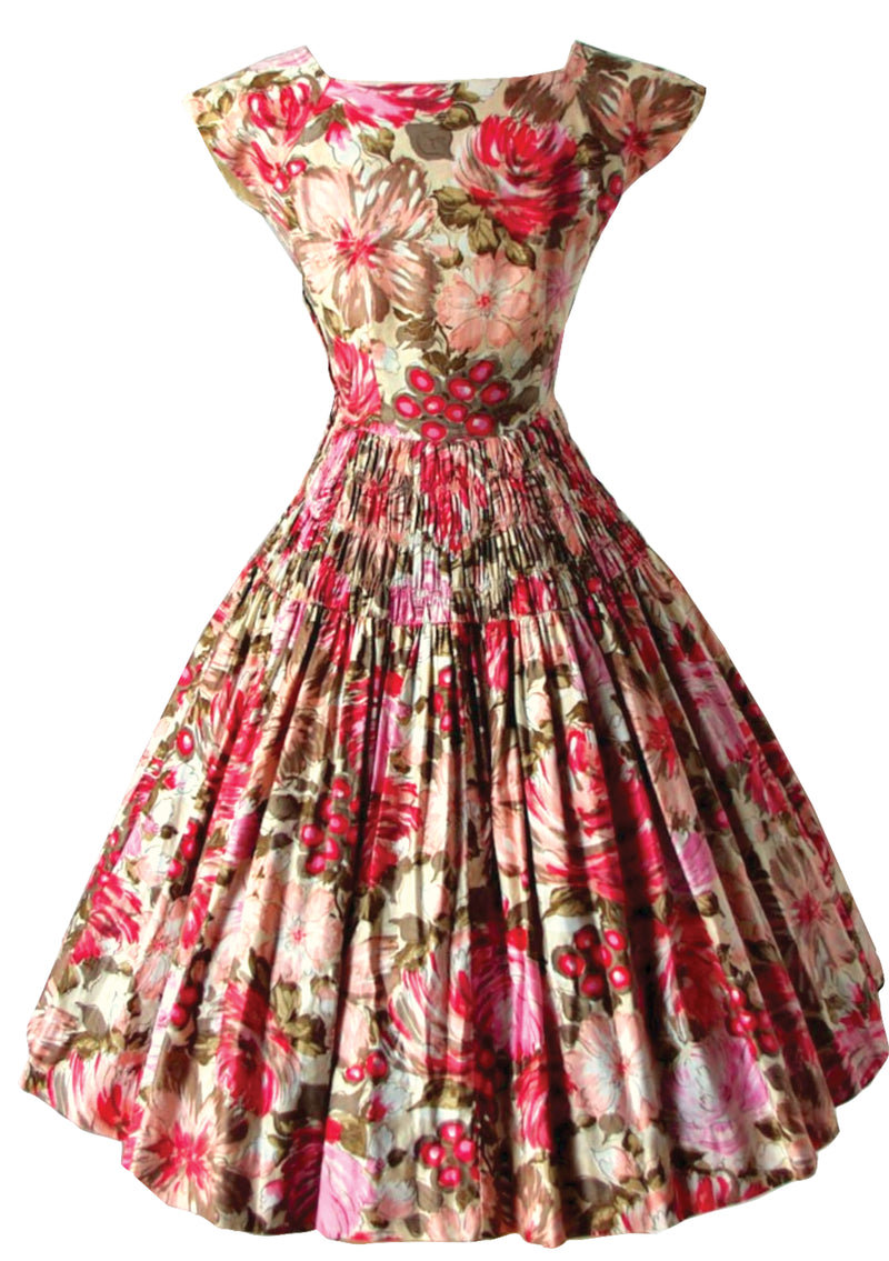 Vintage 1950s Berries and Flowers Cotton Dress- New!