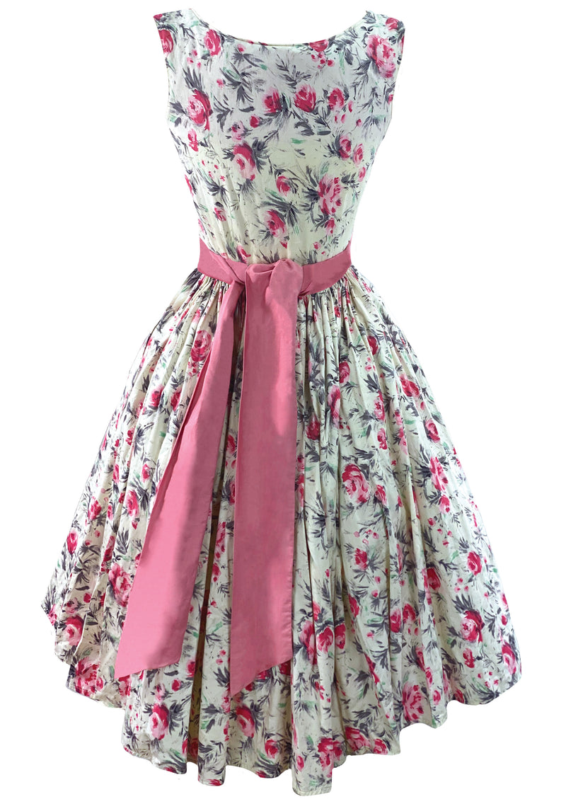 Vintage Late 1950s British Cotton Designer Dress with Pink Roses - New!