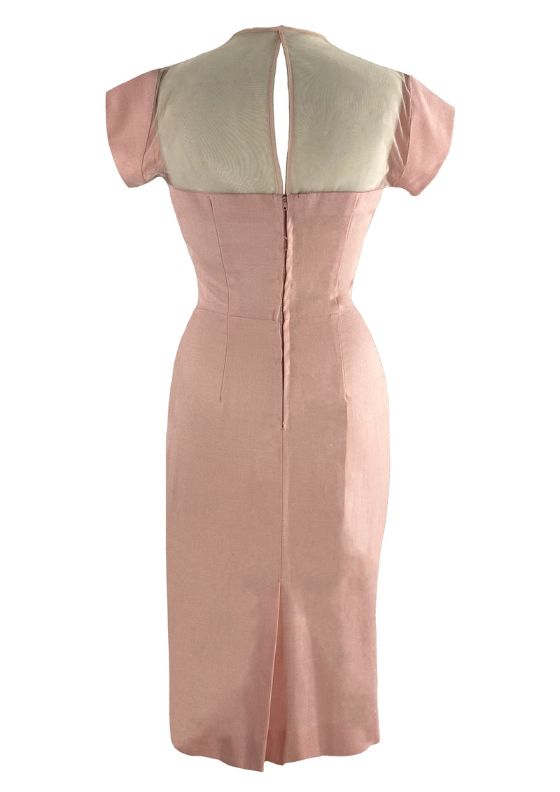 1950s Designer Pink Linen Applique Wiggle Cocktail Dress- New!