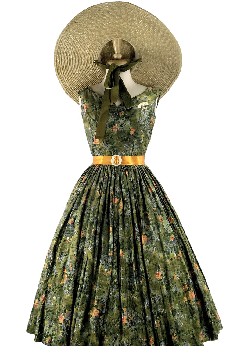 Beautiful 1950s Olive Green Floral Cotton Dress- New!