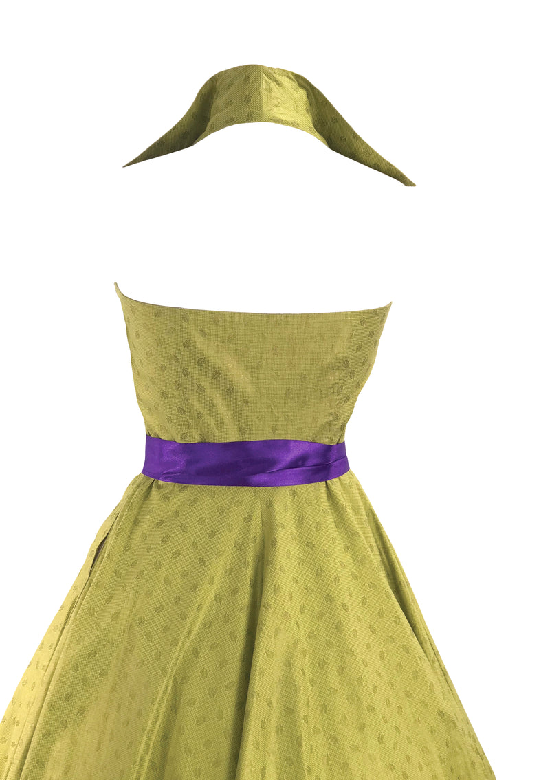 Stunning 1950s Chartreuse Halter Glazed Cotton Dress  - New!