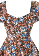 Vintage 1950s Blue Roses with Russet Leaves Cotton Dress- New!