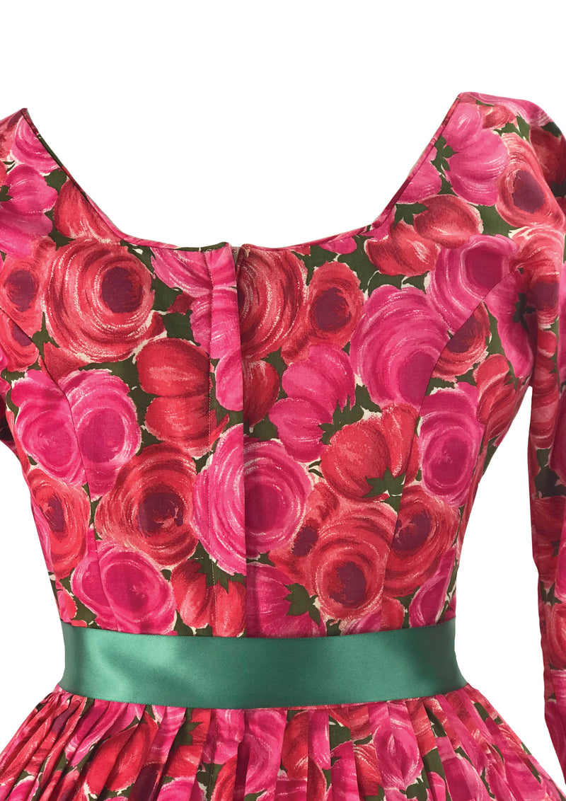 Spectacular 950s 1960s Magenta Roses Cotton Dress  - New!