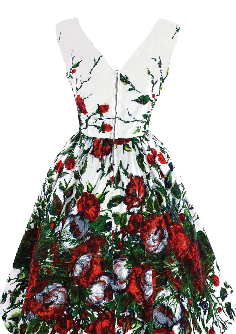 Late 1950s Spectacular Red Floral Print Designer Dress- New!