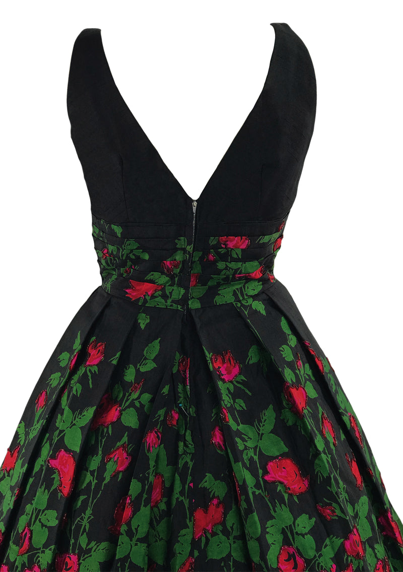 Vintage Late 1950s Red Roses Silk Dress - New!