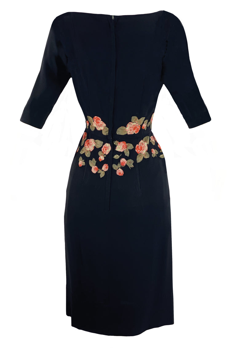 1950s Black Rayon Crepe Designer Dress with Appliqués- New! (SOLD)