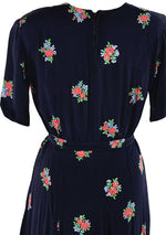 Vintage 1940s Navy Floral Rayon Blend Dress- New!