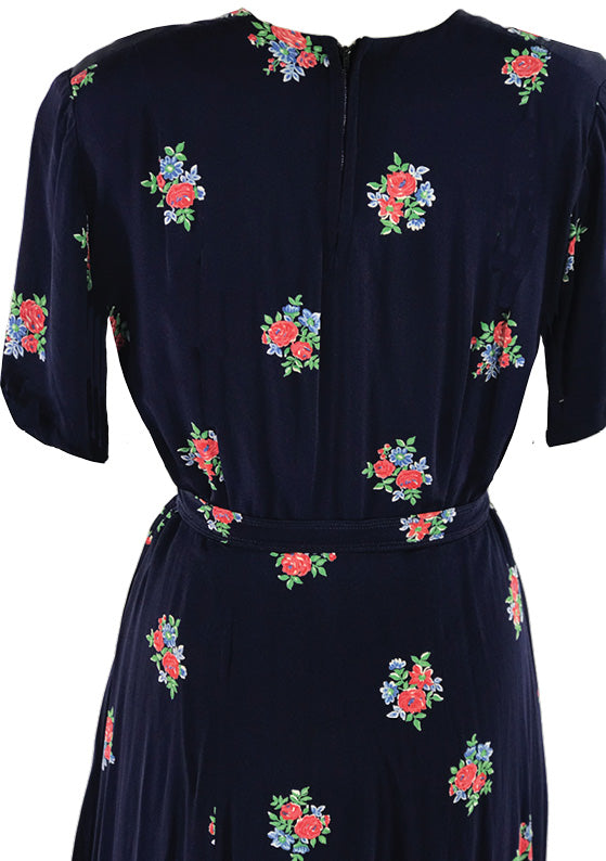 Vintage 1940s Navy Floral Rayon Blend Dress- New!