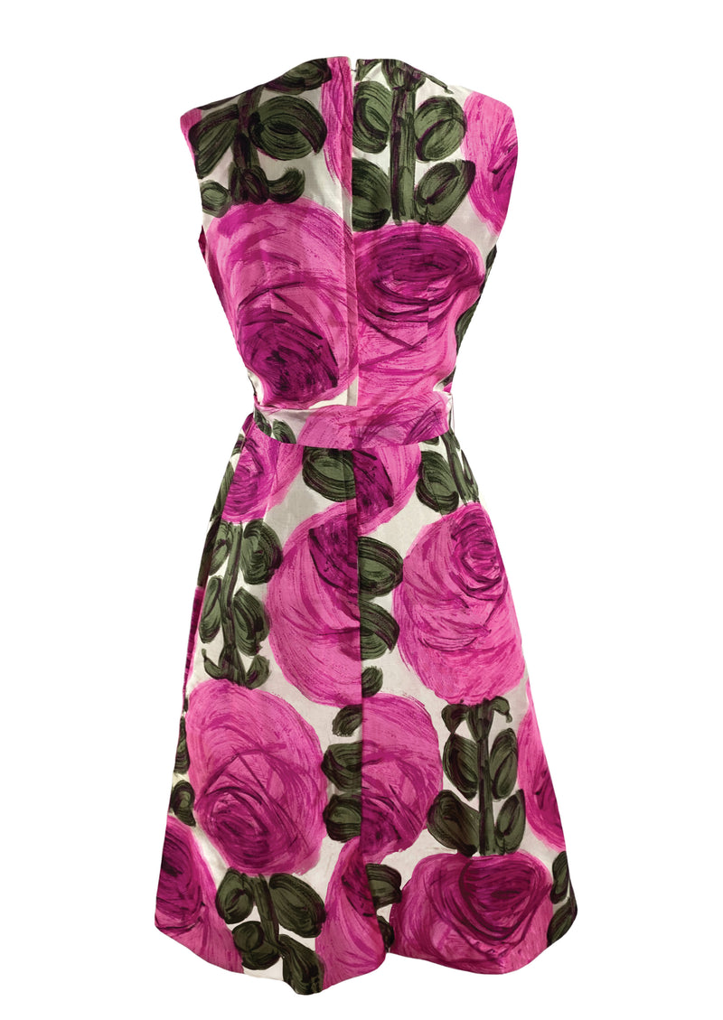 1960s Pink Rose Print Silk Dress - New!