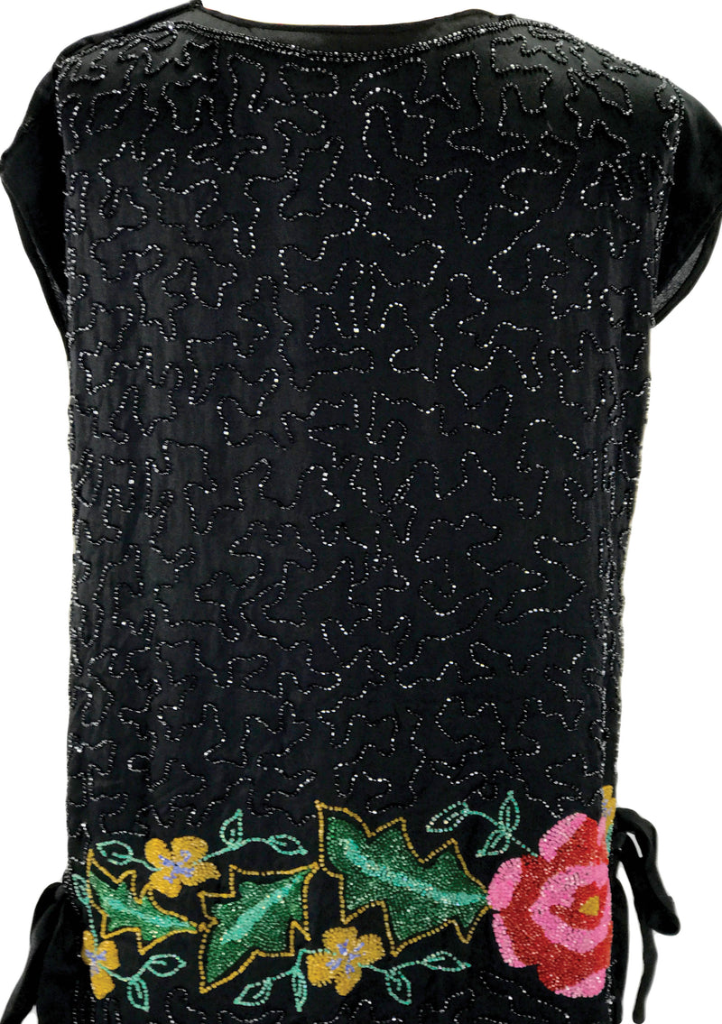 Original 1920s Black Sequin and Pink Roses Beaded Dress  - New!