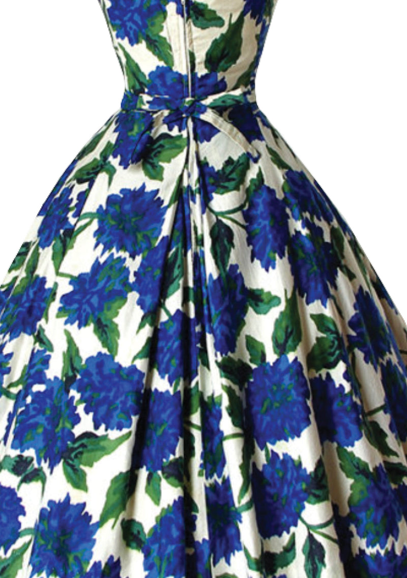 Striking 1950's Blue Roses Print Cotton Dress - New!