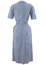 Late 1930s Early 1940s Blue and White Chevron Stripe Dress - NEW!