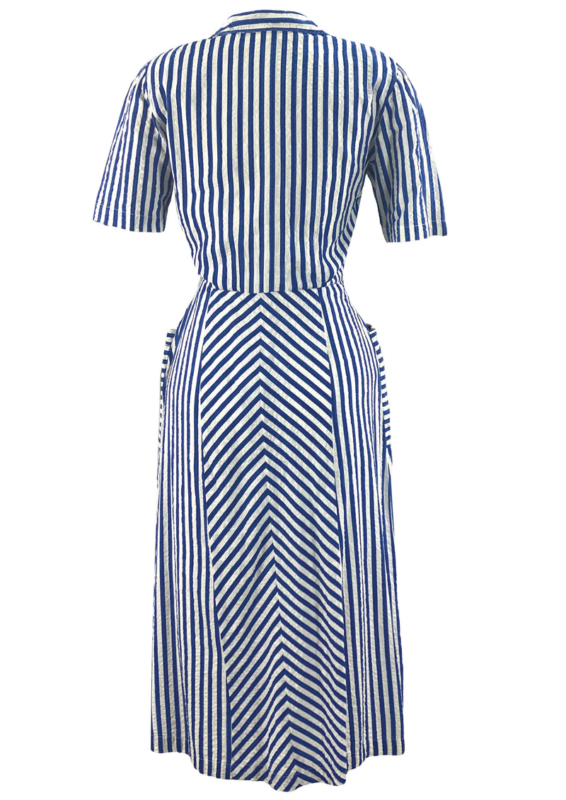 Late 1930s Early 1940s Blue and White Chevron Stripe Dress - NEW!