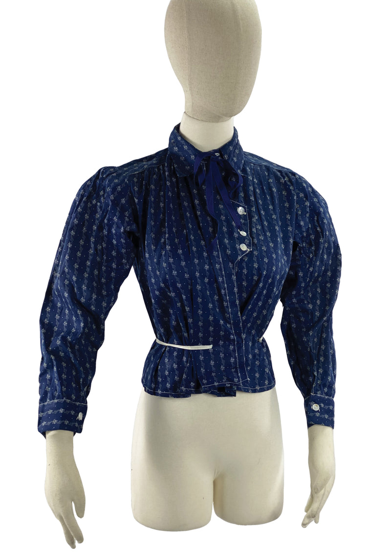 Circa 1910s Indigo Floral Cotton Blouse - New!