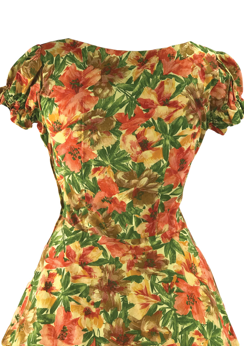 Pretty 1950s Orange Hibiscus Floral Cotton Dress - New!