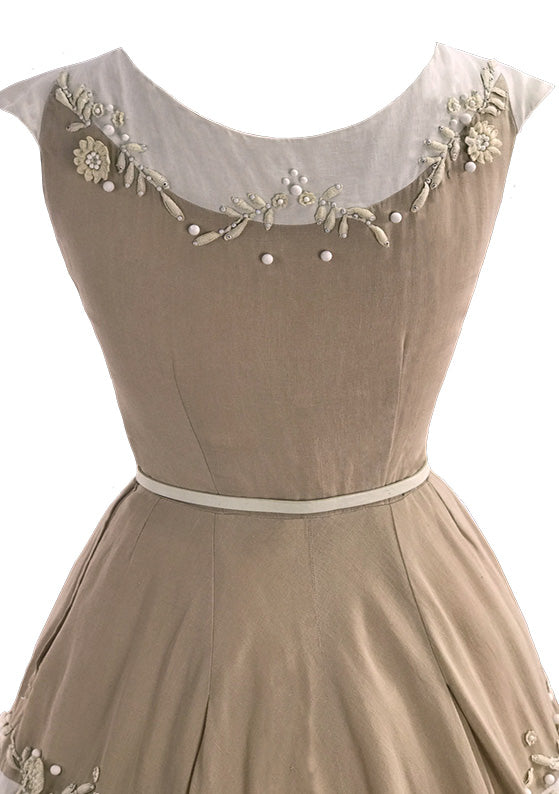 Lovely 1950s Beaded Ecru & Ivory Linen Applique Dress - New!