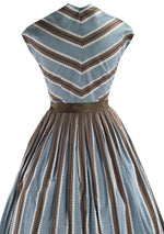 1950s Blue and Brown Chevron Stripe Cotton Dress- New!