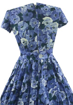 Late 1950s Early 1960s Blue Anemone Print Cotton Dress - New!