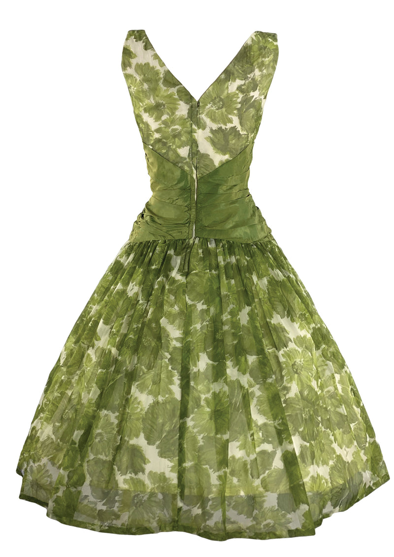 Vintage 1950s Green Floral Chiffon Party Dress - New!