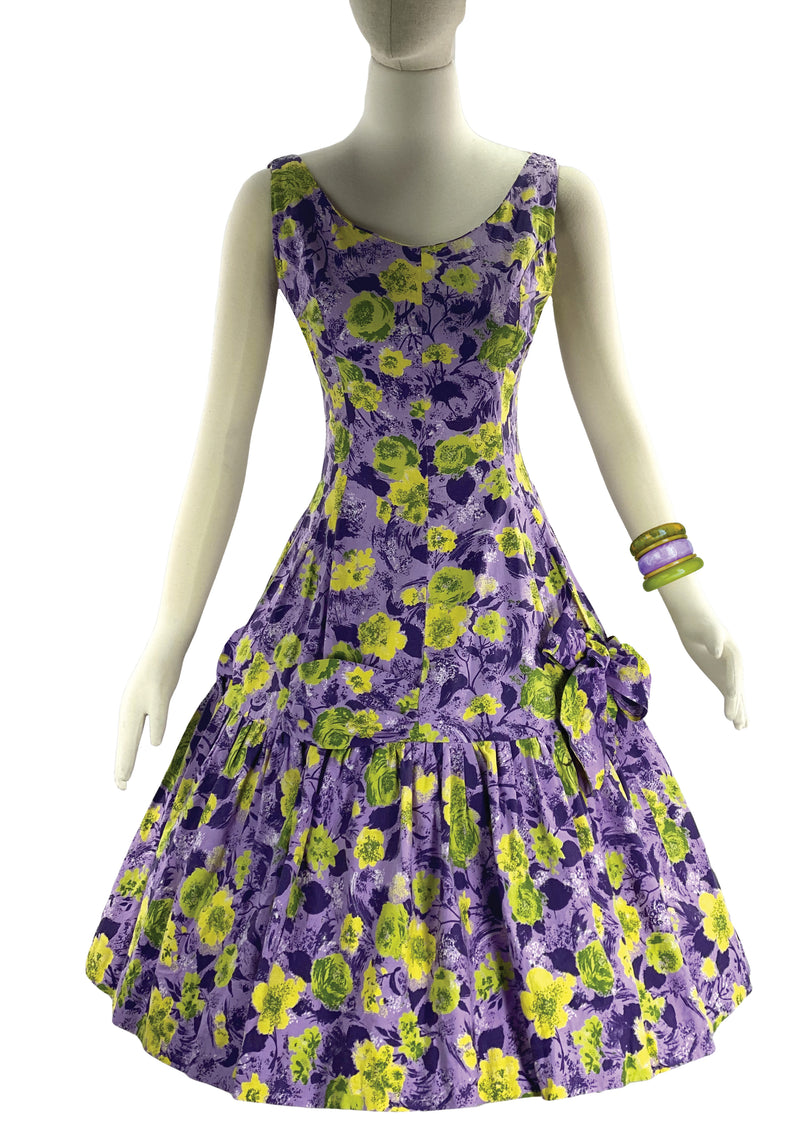 1950s - 1960s Lilac and Chartreuse Floral Print Dress- New! (ON HOLD)