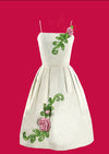 Early 1960s White Piqué With Pink 3D Rose Appliqués Dress- New!