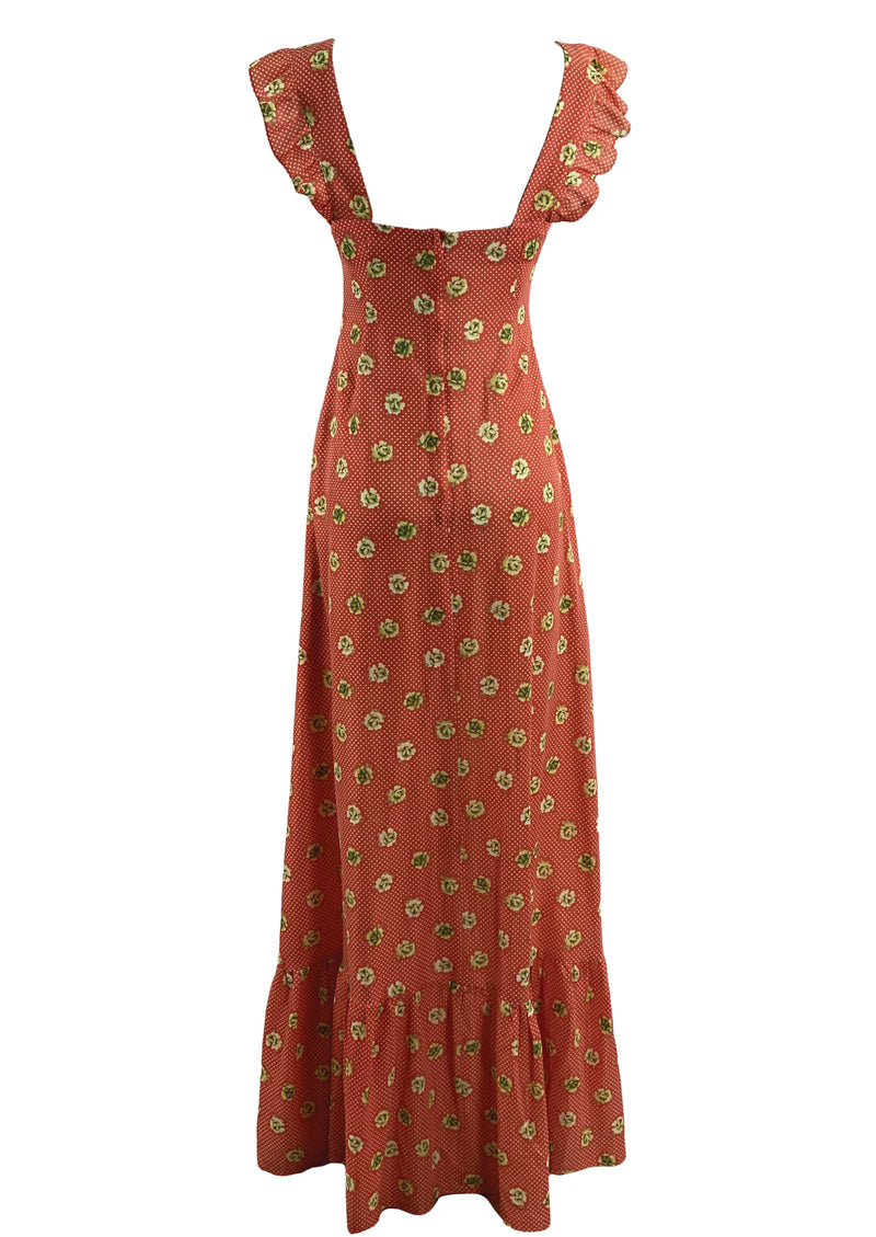 1970s Rose Print Maxi Dress with Frills