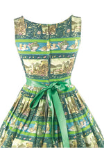 Late 1950s Scenic French Novelty Print Cotton Dress- New!